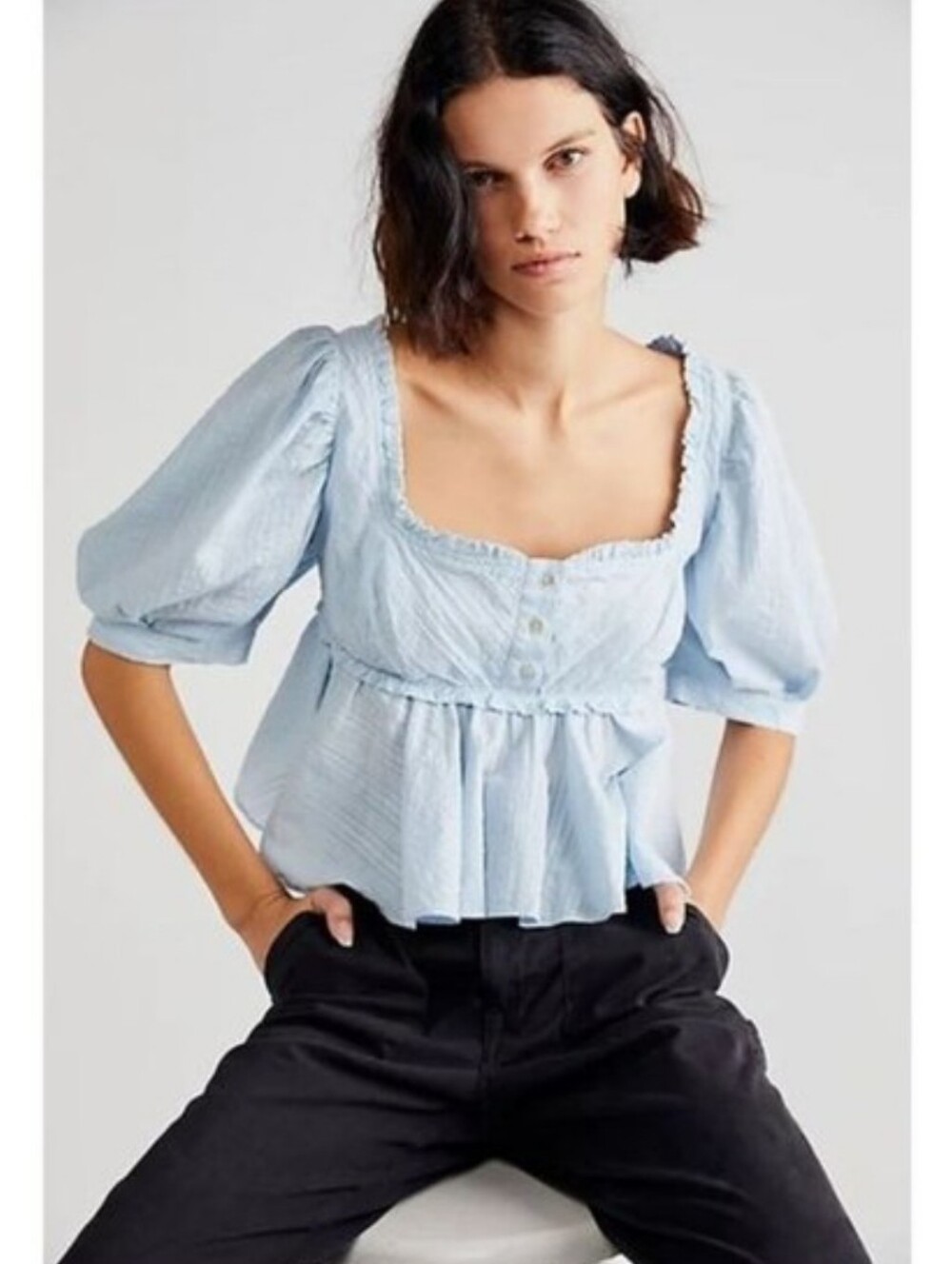 Free People light blue cotton cropped puff sleeve smocked back top - Picture 1 of 10